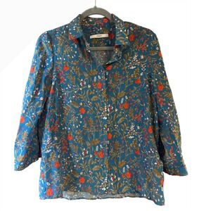 Uterque Women Teal Blue 100% Mulberry Silk Floral Vine Print Blouse Size S
